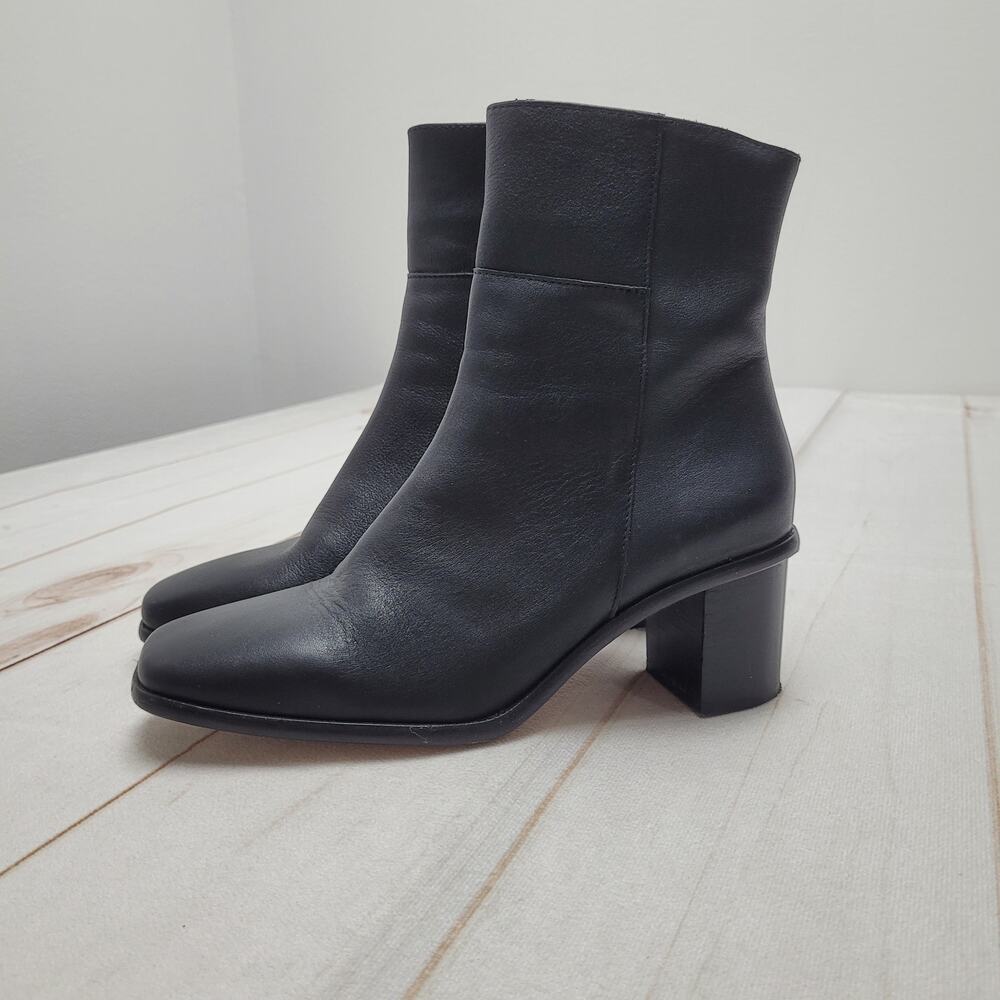 Patina Portland Leather black boots square toe block heel mid calf 37 chic